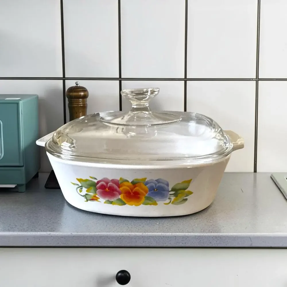 Vintage Corning Ware Summer Blush Pansy 2L Casserole Dish A-2-B with Pyrex Lid